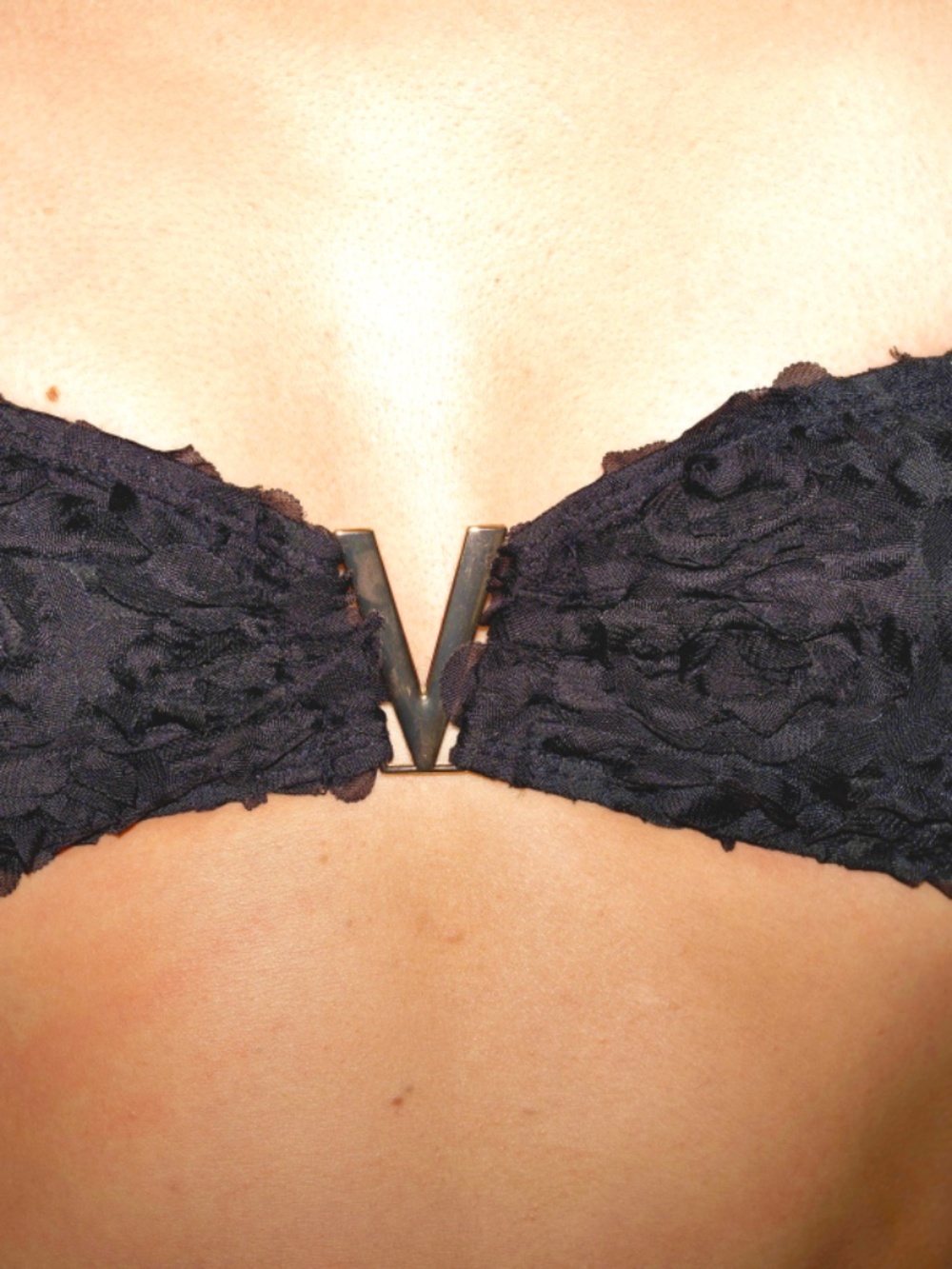 Black Floral Strapless Bikini Gold V-Bar Swimsuit | S - Picture 5 of 7